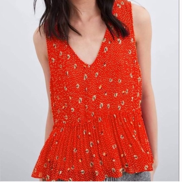 2/$30 ZARA TRF Collection Floral Pleated Sleeveless Peplum Blouse – Size Medium - Picture 1 of 14